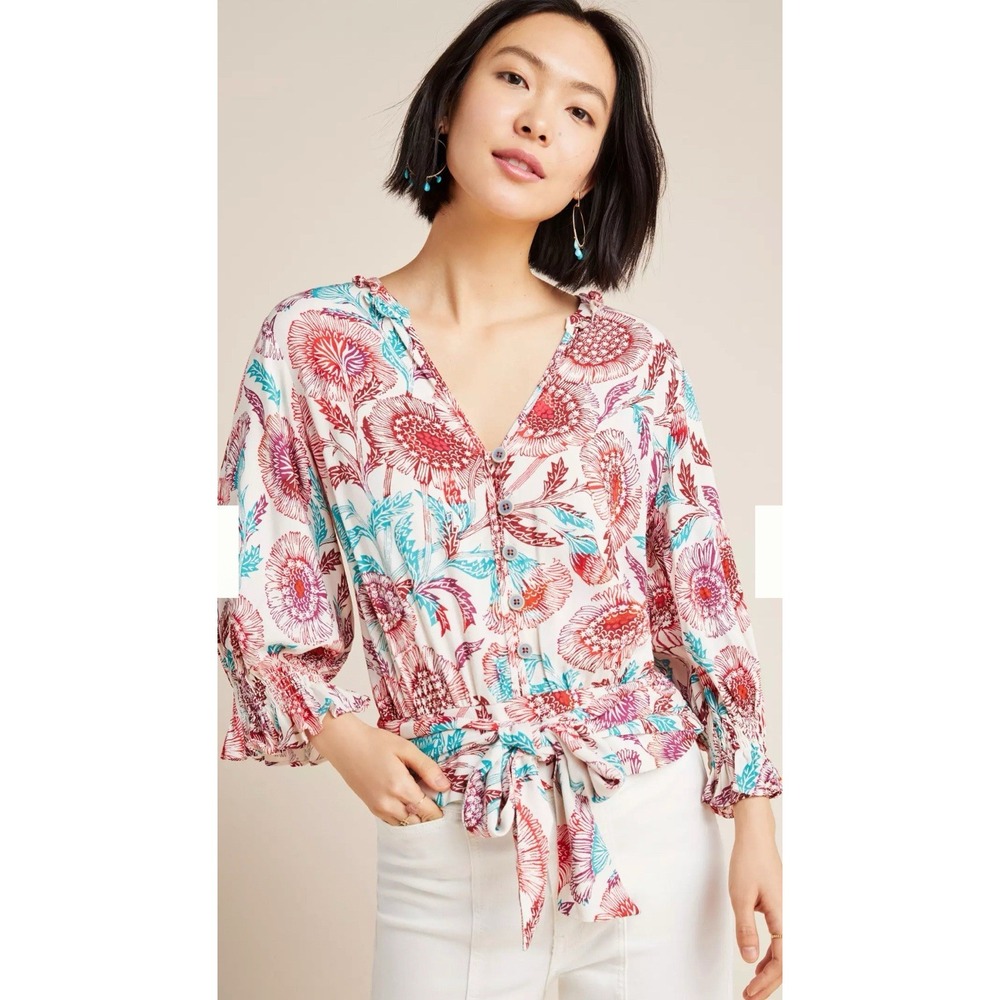 Anthropologie Tugboat Printshop‎ Saraya Floral Blouse Size XS Faux Wrap Bow